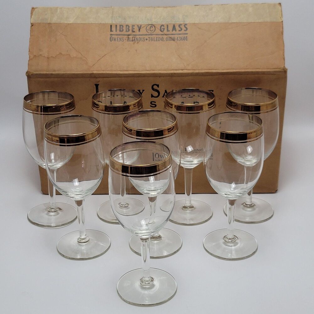 Set of vintage Libbey Safedge Glassware Gold Rim Banded Stemmed Wine Glasses